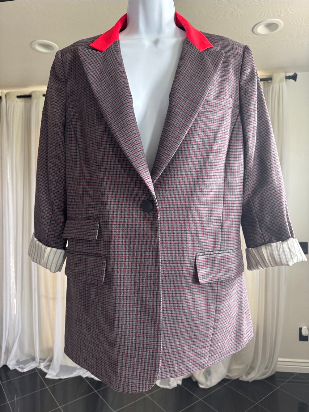 rag & bone Gray Plaid Blazer with Red Collar